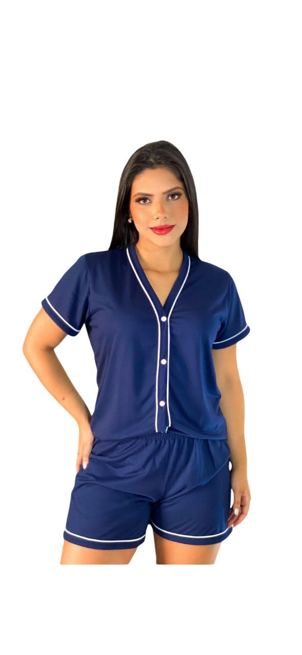 Conjunto Pijama Feminino Estilo Cardigan, Manga Curta, Shorts com Detalhe Contrastante