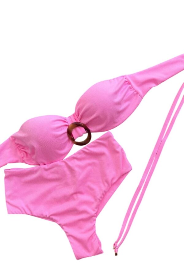 Biquíni Feminino 2 em 1 com Aro Decorativo Alça Superior Removível Calcinha Cintura Alta - Imagem 4