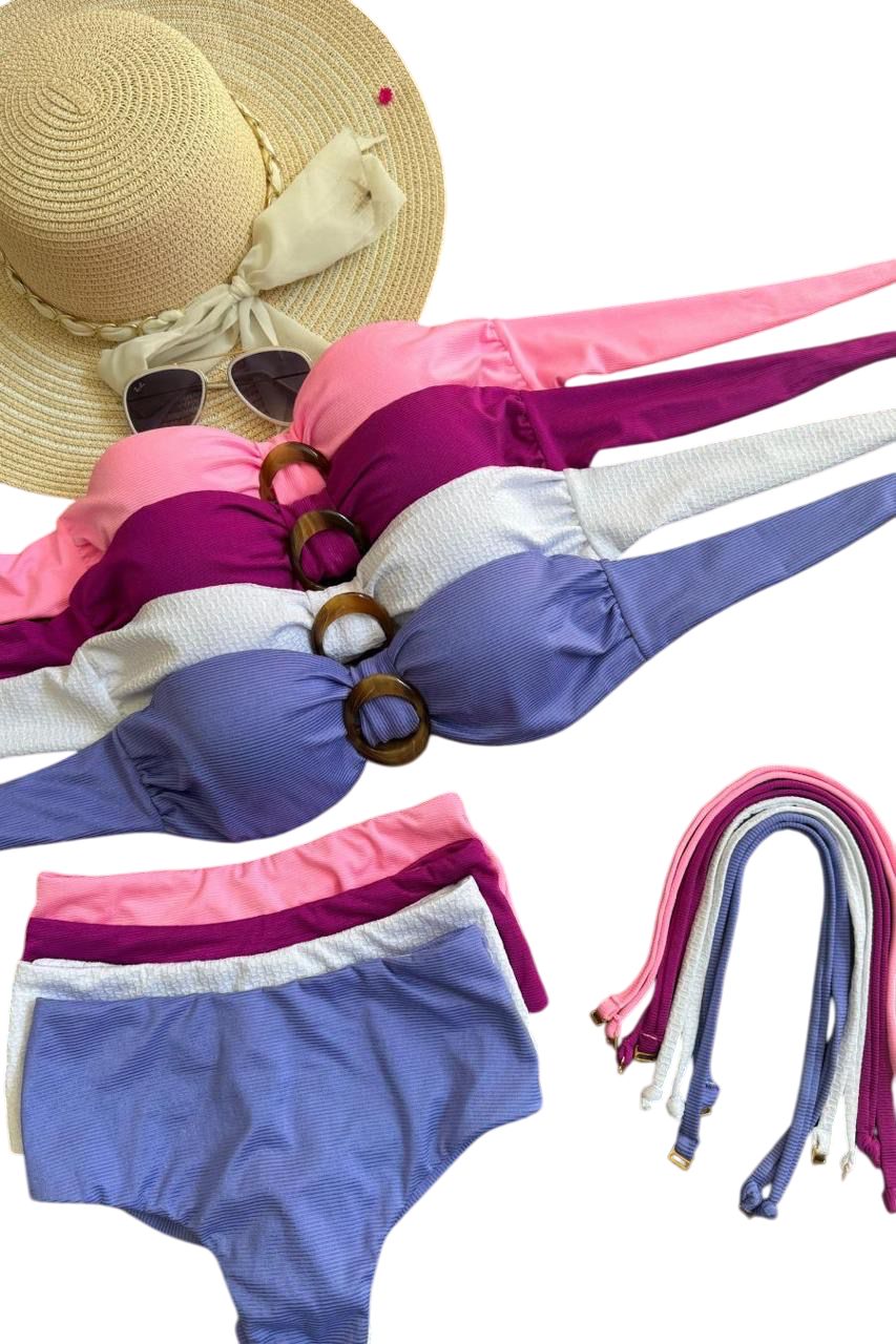 Biquíni Feminino 2 em 1 com Aro Decorativo Alça Superior Removível Calcinha Cintura Alta