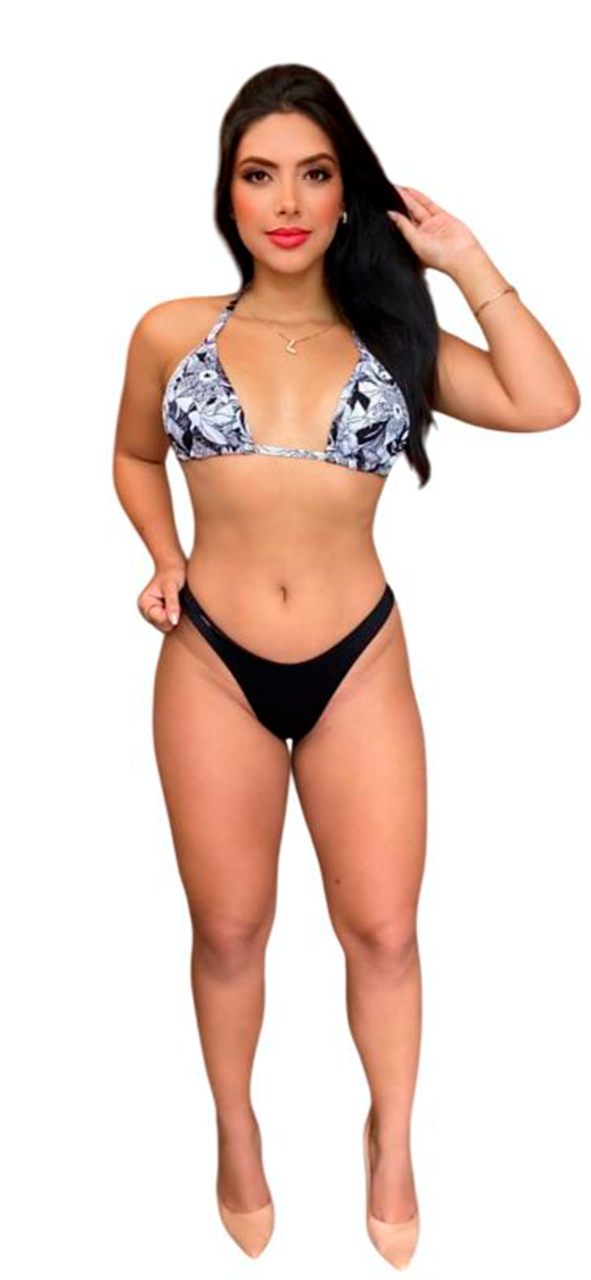 Biquíni Feminino Estampado Floral Preto e Branco, Top Triângulo com Amarração Calcinha Preta