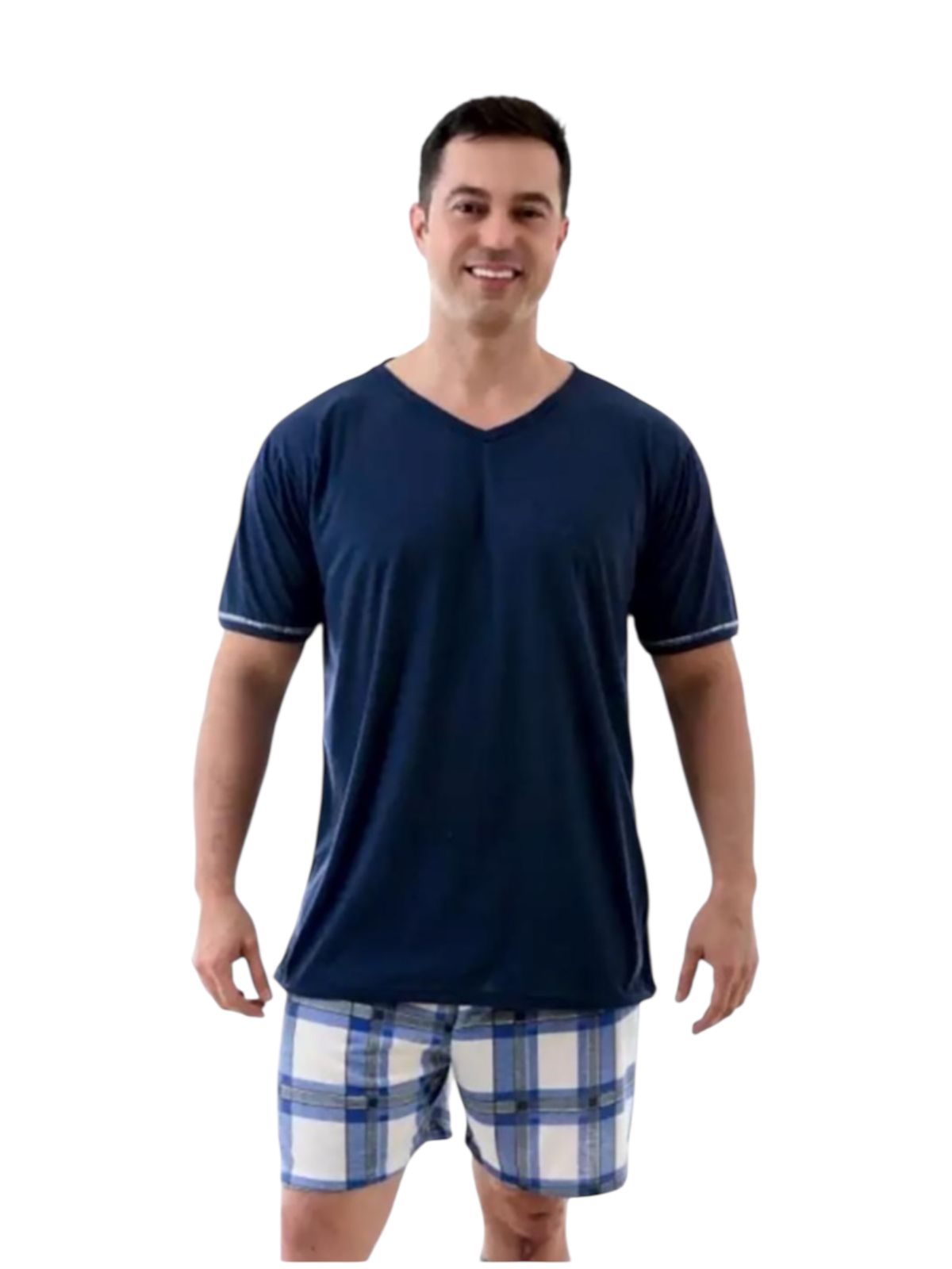 Pijama Masculino com Camiseta e Short Xadrez, Conjunto para Dormir