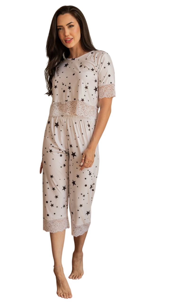 Pijama Feminino Capri com Renda, Estampa de Estrelas e Bolinhas