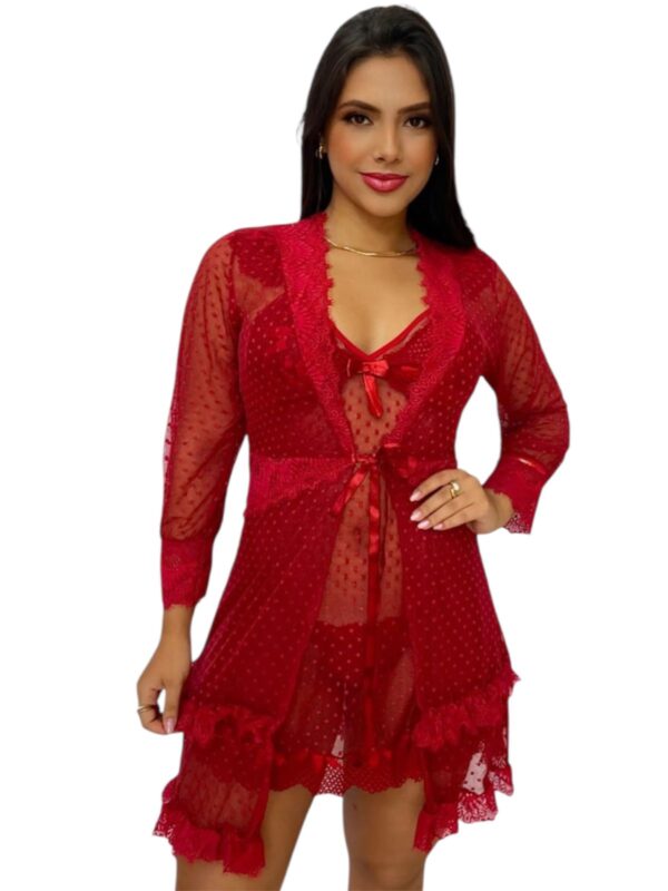 Camisola em Renda com Manga Longa Transparente com Laço - Imagem 2