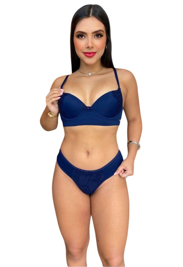 Conjunto de Lingerie Feminino Sutiã Base Elastico em Poliamida com Bojo e Calcinha Fio Dental