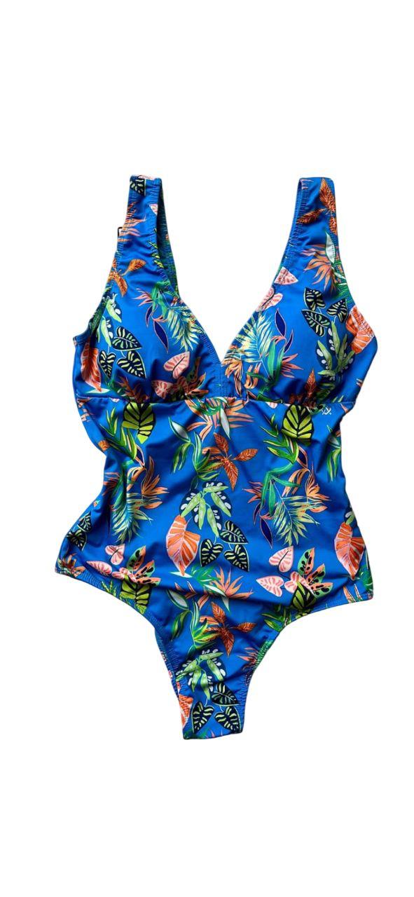 Maiô Tropical Azul com Estampa de Folhagens