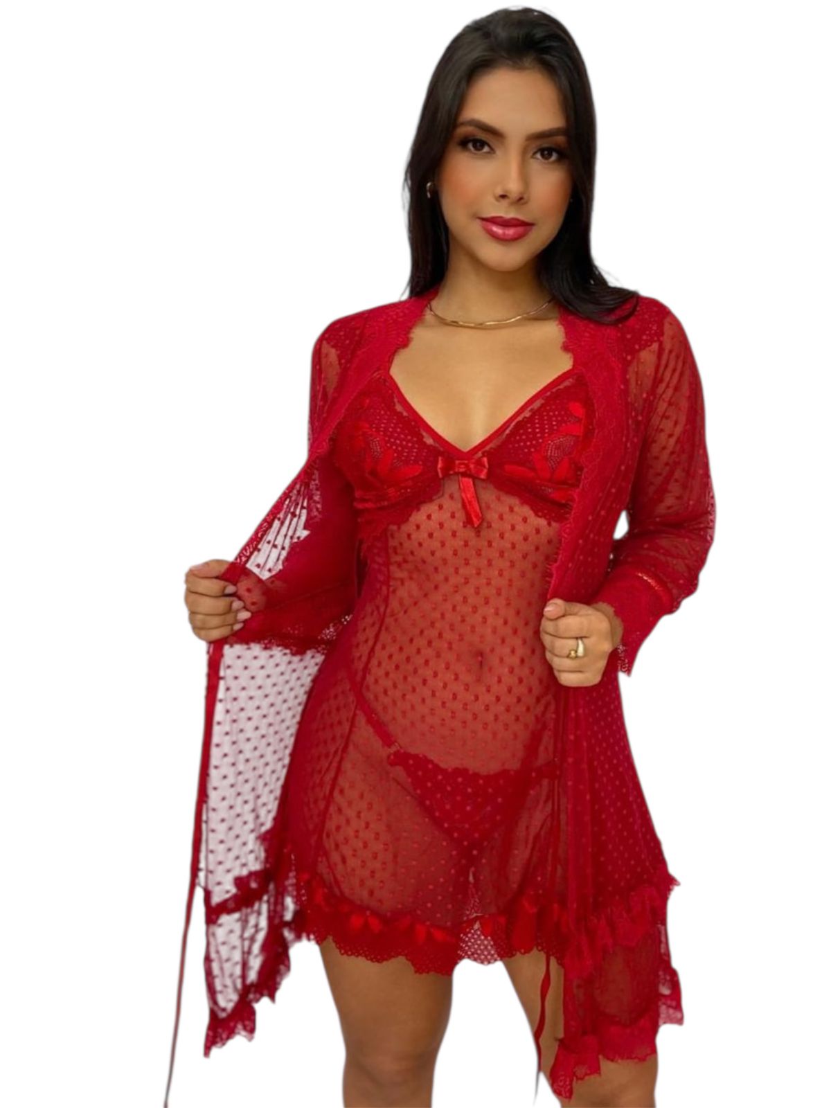 Camisola em Renda com Manga Longa Transparente com Laço