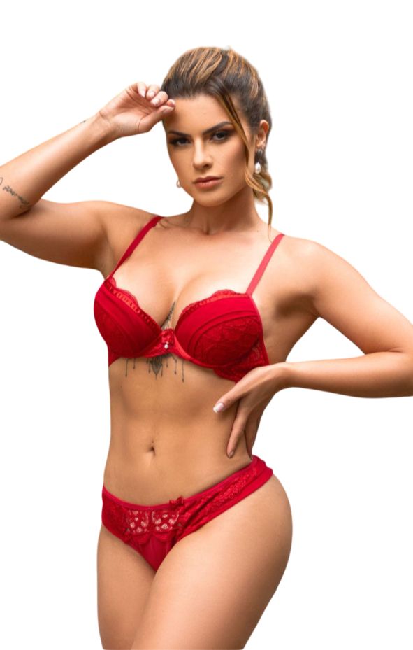 Conjunto de Lingerie Sutiã com Aro Contínuo em Renda e Tule Luxo
