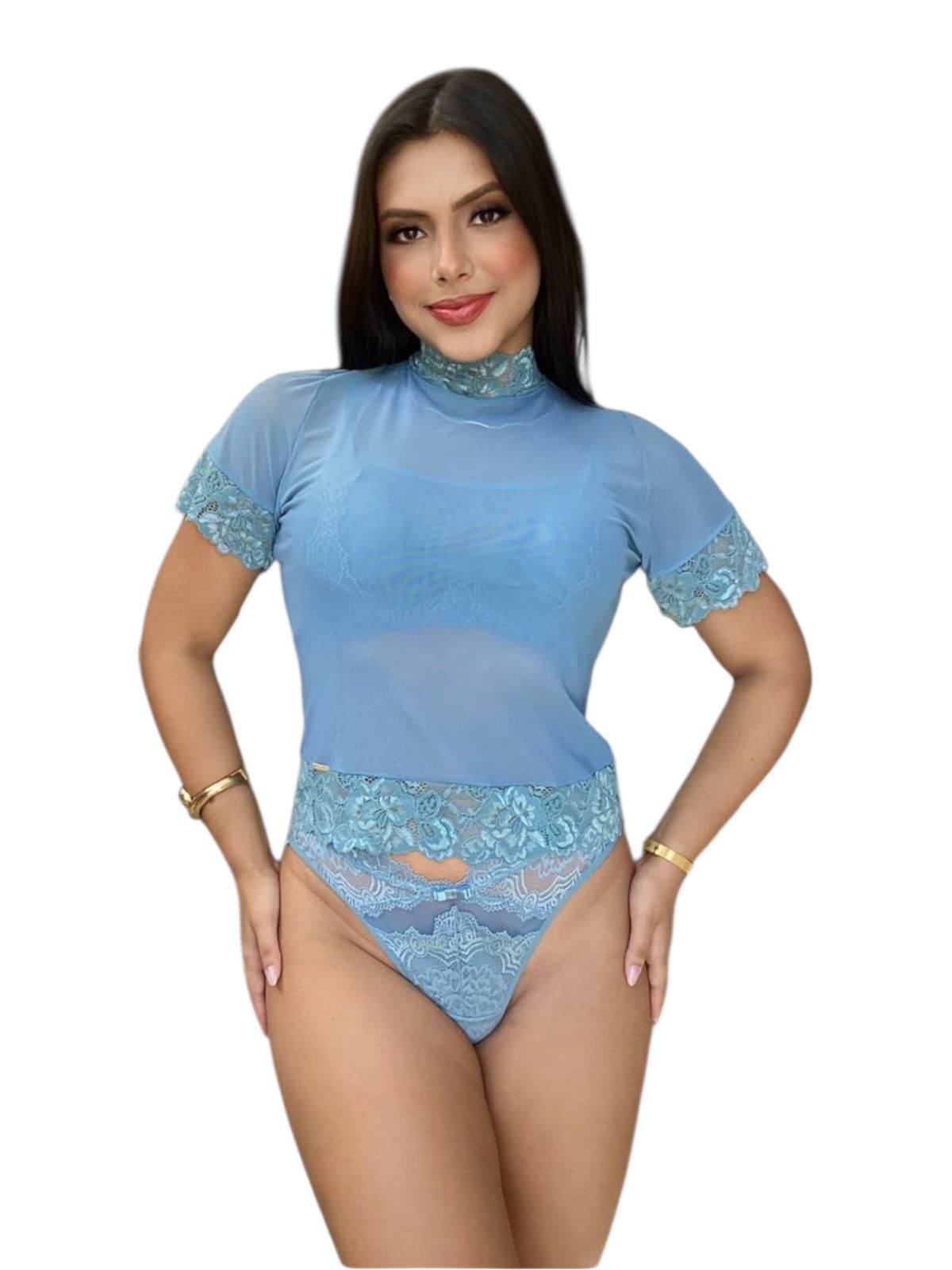 Blusa Gola Japonesa Em Tule com Renda e Manga Curta